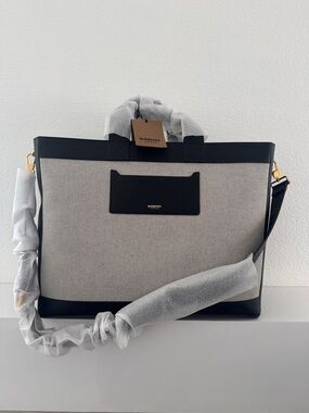 Burberry Cream Canvas and Black Leather Briefcase